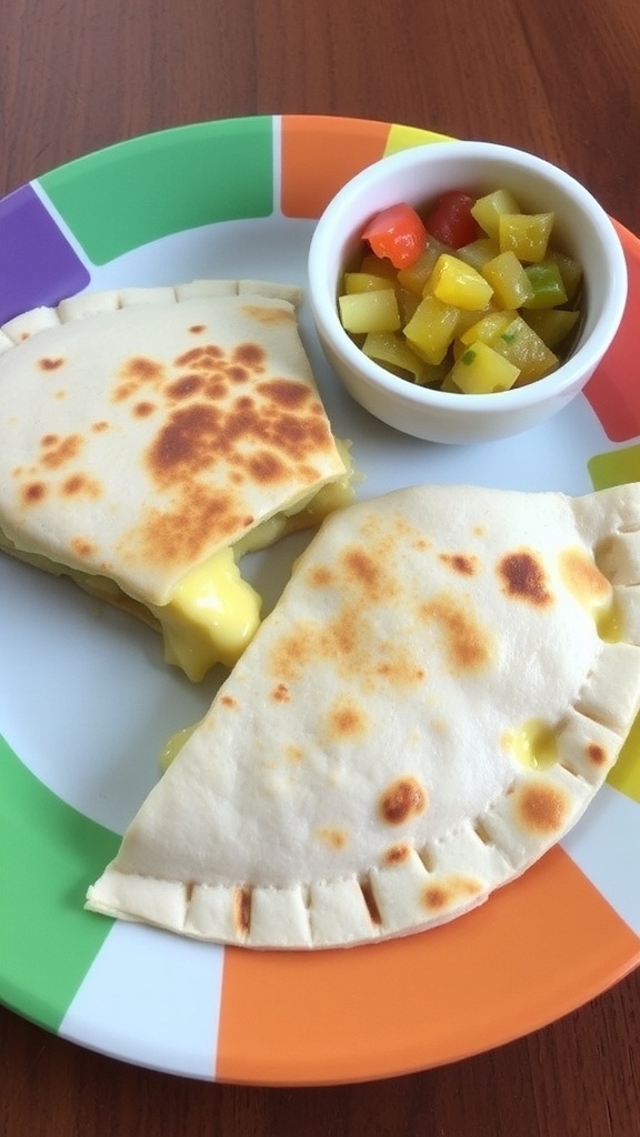 Soft cheese quesadilla cut into small pieces on a plate, with pureed vegetables.